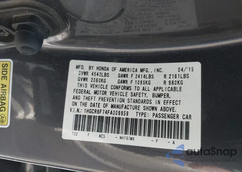 2015 Honda Accord Hybrid Touring из США, поврежденный, VIN 1HGCR6F74FA009959